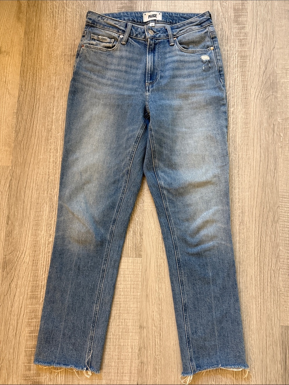 PAIGE Women's Mid Blue Straight Leg Jeans with Raw Hem